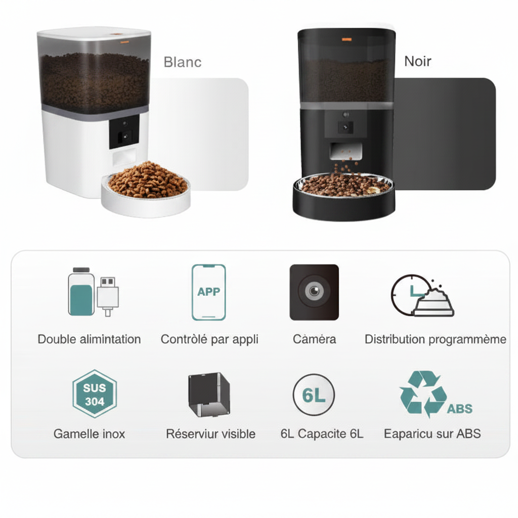 Distributeur de croquettes Blanc et Noir – vue comparative | CocoCompagnon
